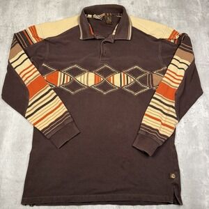 Vintage Knockout Tribal Striped Rugby Polo Shirt Mens L Brown Y2K Streetwear